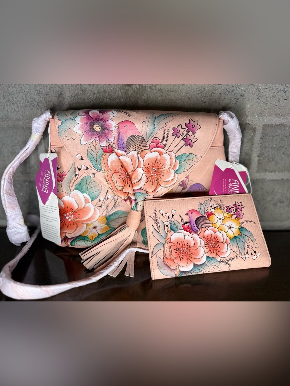 Anuschka Floral Bird Hand Painted Leather Crossbody Purse Wallet Set NWT